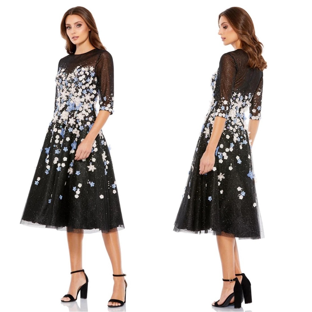 Mac Duggal Sheer Black Midi Dress with Blue Floral Design